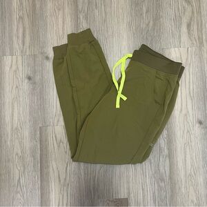 Figs Olive Green Joggers with Neon Yellow Drawstring